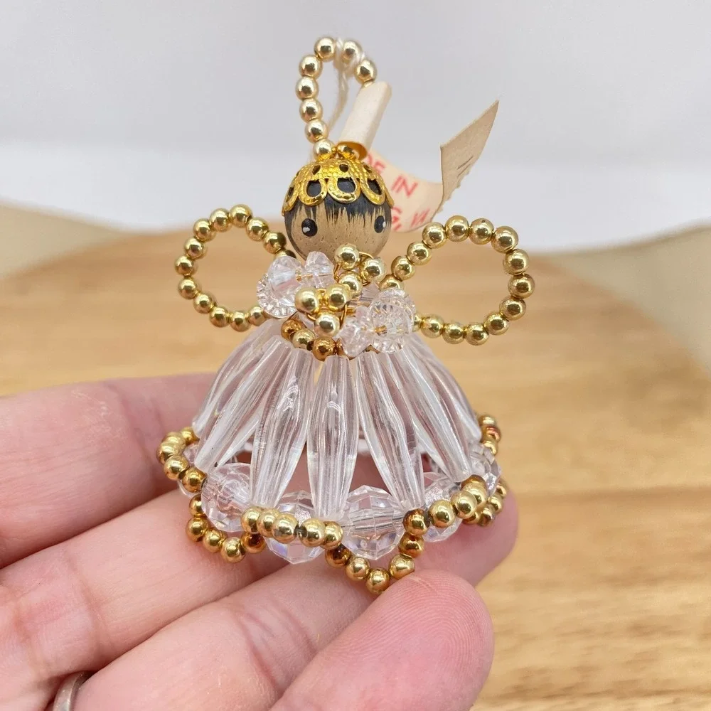 Vintage Beaded Angel Ornament Handmade Williamsburg VA Gold Clear Christmas 2